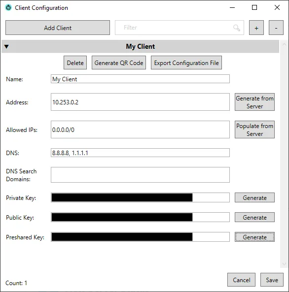 Cấu hình cài đặt máy khách VPN Wireguard trong Wg Server for Windows, bao gồm tên thiết bị và DNS