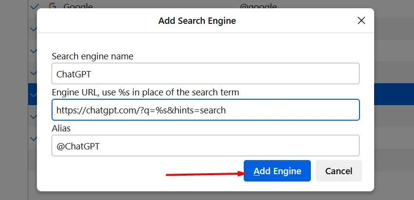 Cấu hình thông tin công cụ tìm kiếm ChatGPT trong Firefox