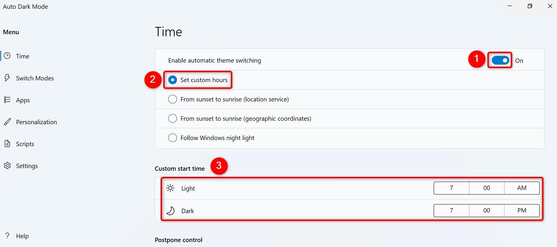 Cấu hình tùy chọn chuyển đổi giao diện tự động trong Auto Dark Mode