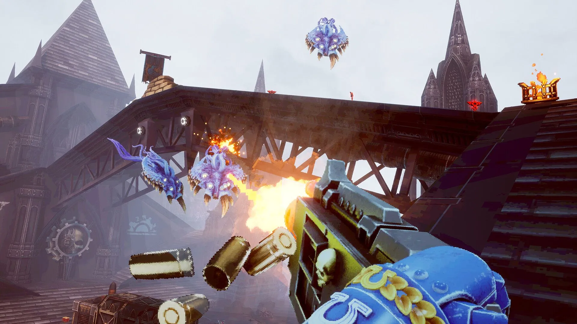 Chiến binh Space Marine chiến đấu chống lại bè lũ Chaos trong tựa game Warhammer 40K: Boltgun đồ họa pixel