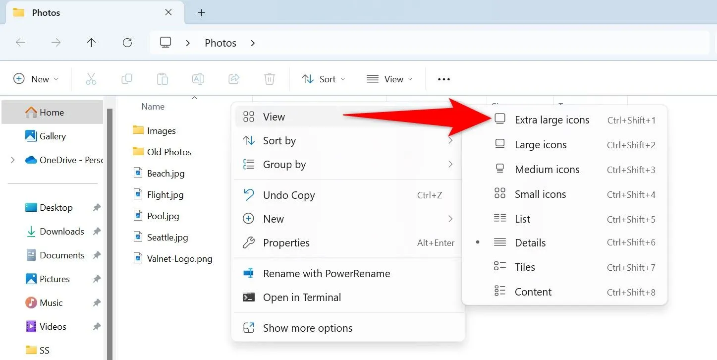 Chọn Chế độ xem (View) và Biểu tượng cực lớn (Extra Large Icons) trong File Explorer để xem trước file