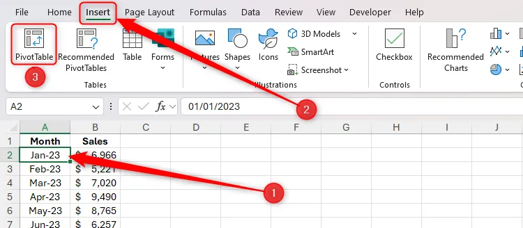 Chọn một ô trong dữ liệu Excel chưa định dạng và nút PivotTable được tô sáng trong tab Insert