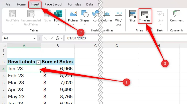 Chọn một ô trong PivotTable của Excel, nút Timeline trong tab Insert được tô sáng để chèn Timeline Filter