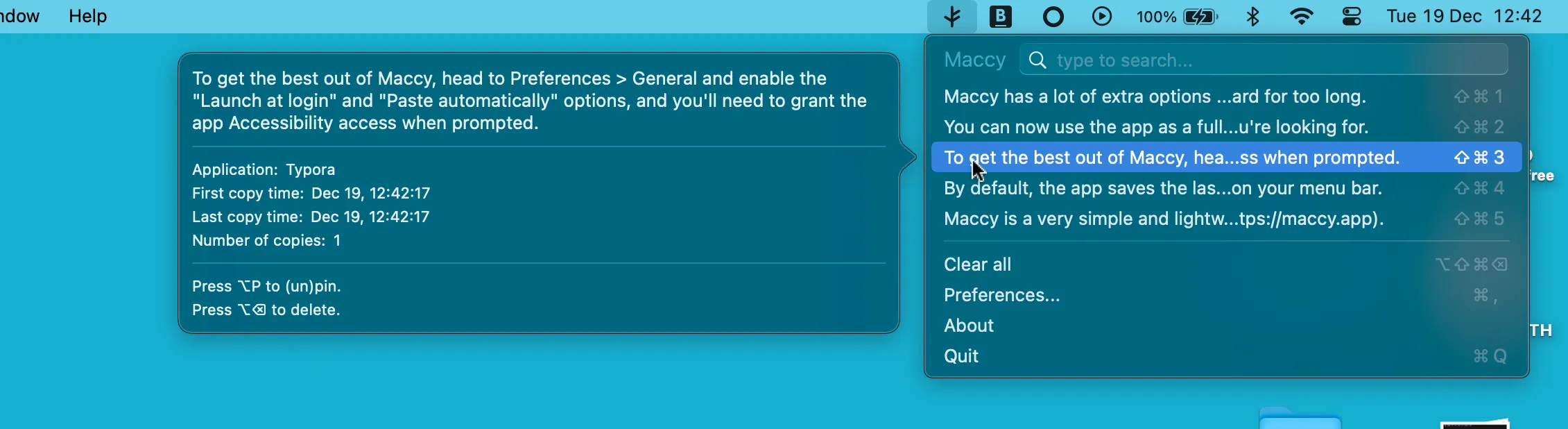 Chọn mục từ lịch sử clipboard trong ứng dụng Maccy trên macOS.