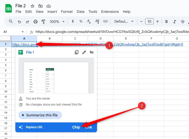 Chọn tùy chọn &quot;Chip&quot; để chuyển đổi đường dẫn URL thành nhãn tệp gọn gàng hơn trong Google Sheets.