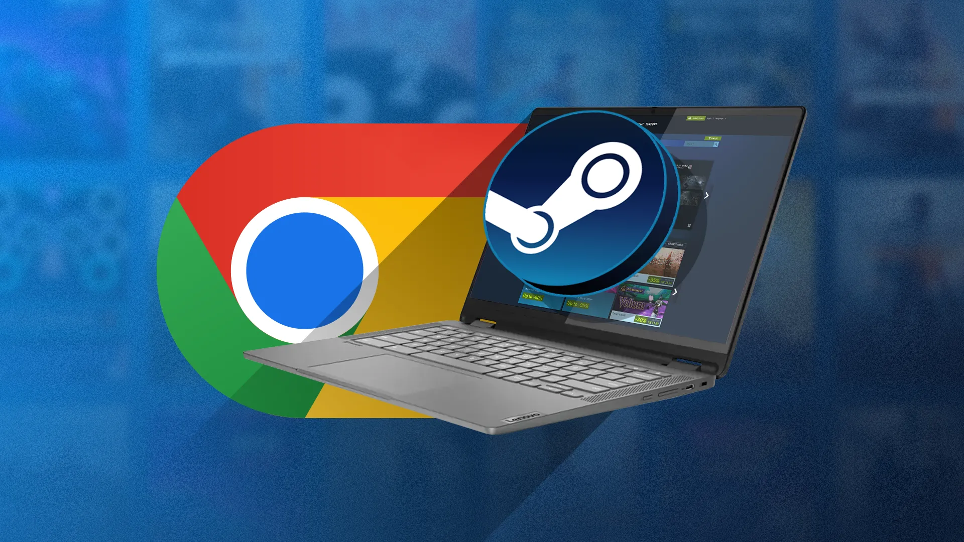Chromebook hiển thị giao diện Steam với biểu tượng Steam và Chrome, minh họa chơi game trên Chromebook