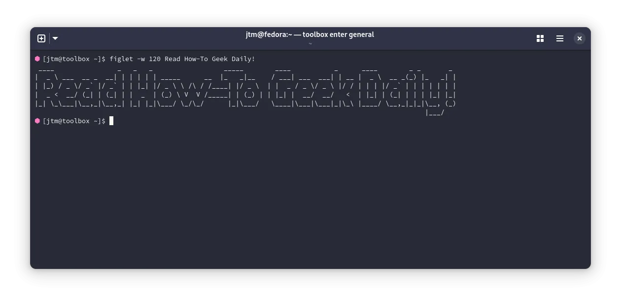 Chữ nghệ thuật ASCII 'Read How-To Geek' được tạo bởi lệnh `figlet` trên terminal