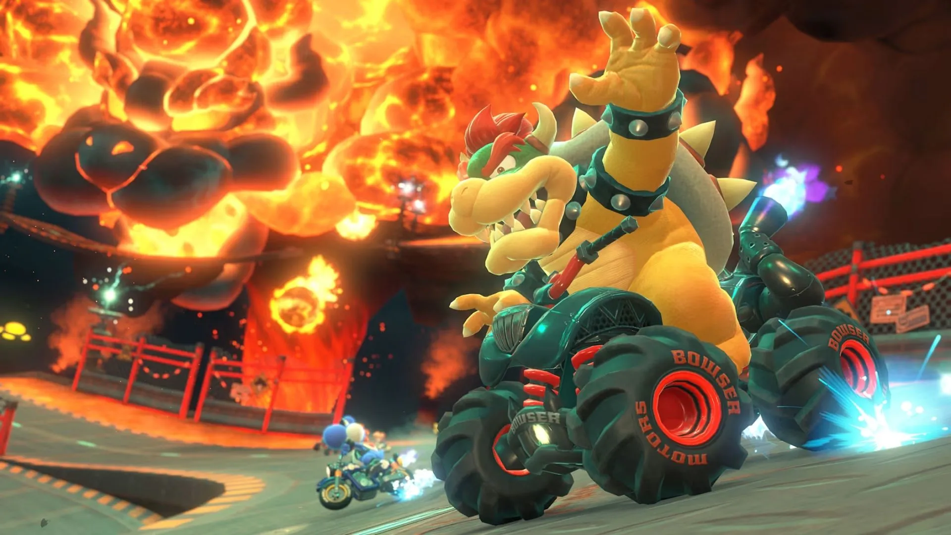 Công chúa Peach lái xe đua qua đường đua rừng rậm trong Mario Kart World.