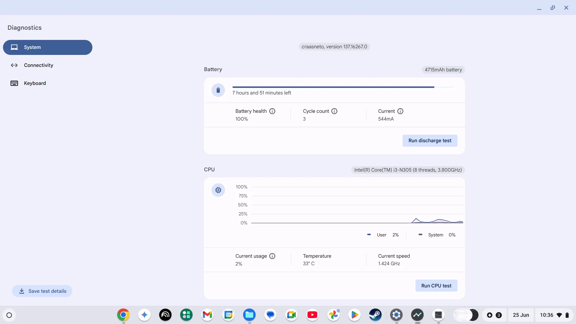 Công cụ chẩn đoán hệ thống của Chromebook hiển thị thông tin chi tiết về tình trạng pin và số chu kỳ sạc.