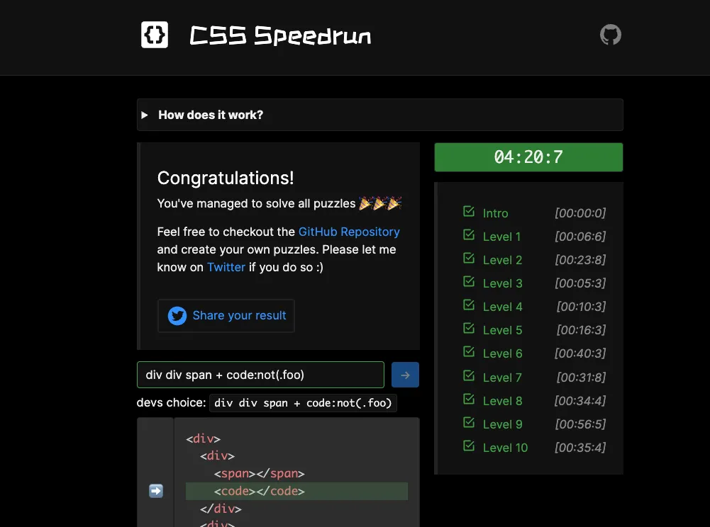 CSS Speedrun hiển thị thông báo chúc mừng kèm kết quả thời gian hoàn thành 10 cấp độ