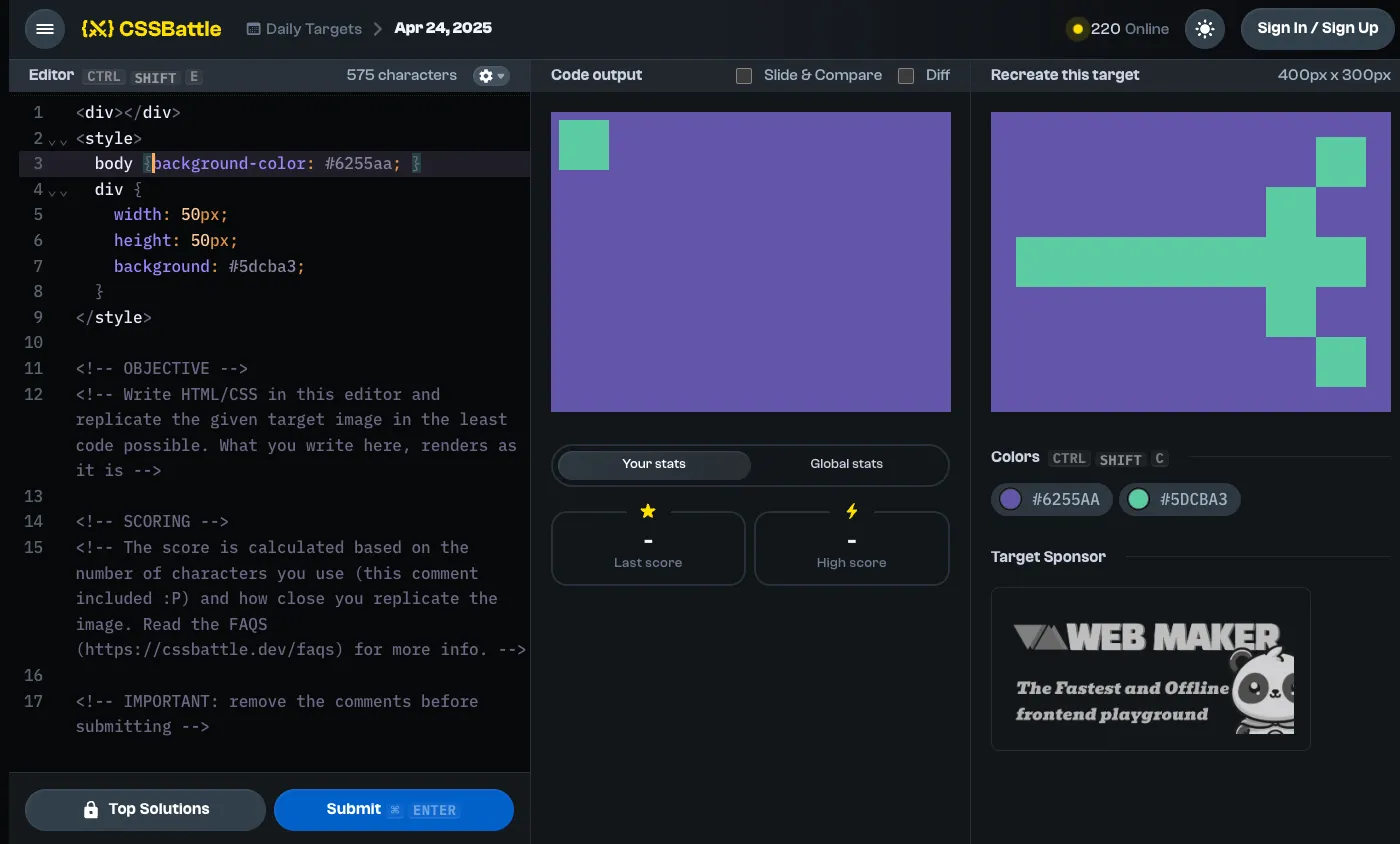 CSSBattle hiển thị hai hình ảnh: một bản xem trước của mã CSS và một kết quả mong muốn cần tái tạo
