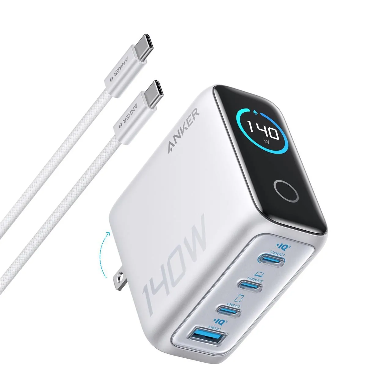 Củ sạc Anker 140W màu bạc với màn hình hiển thị thông minh, showcasing 3 cổng USB-C và 1 cổng USB-A.