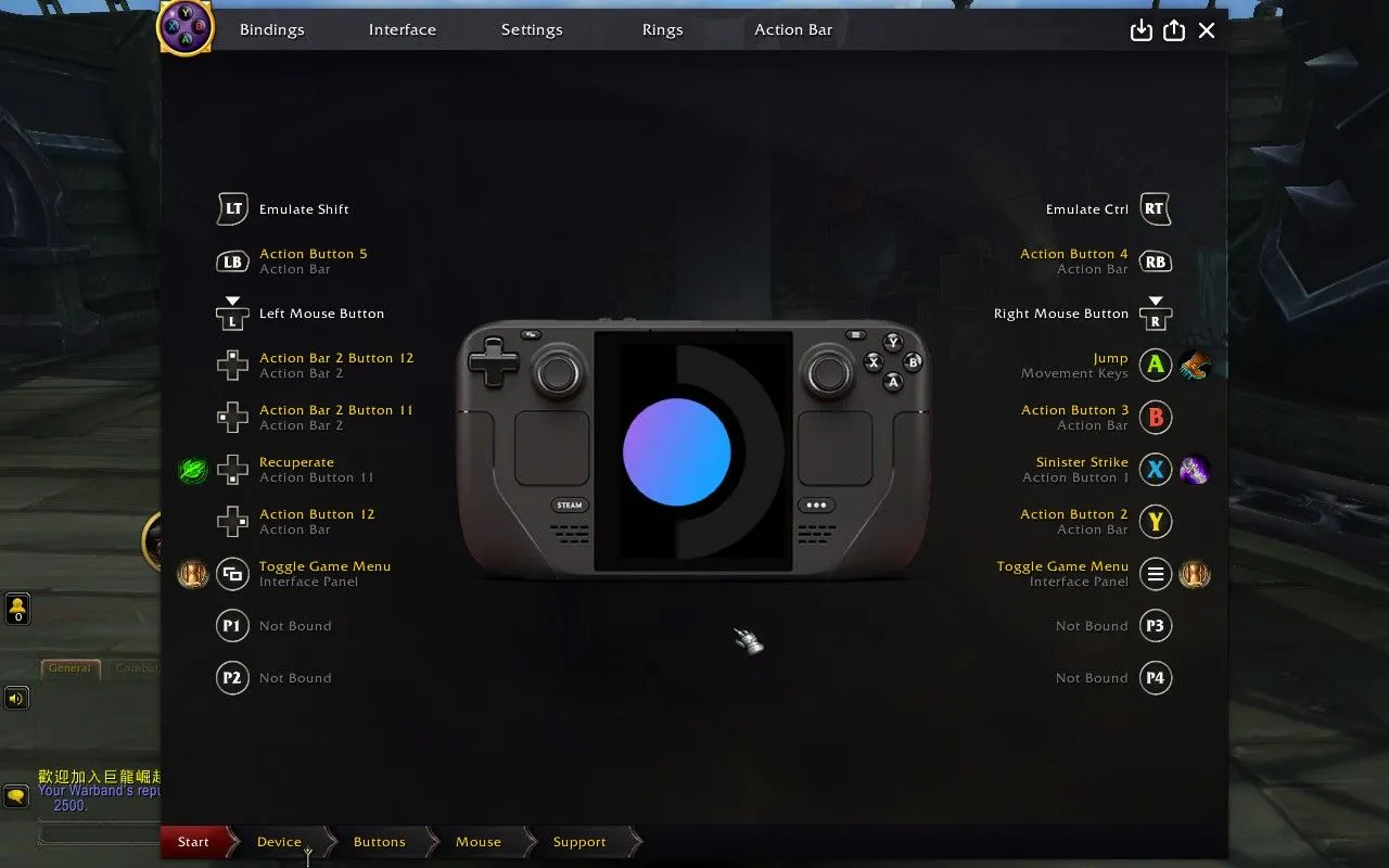 Cửa sổ cấu hình mod ConsolePort trong game World of Warcraft trên Steam Deck