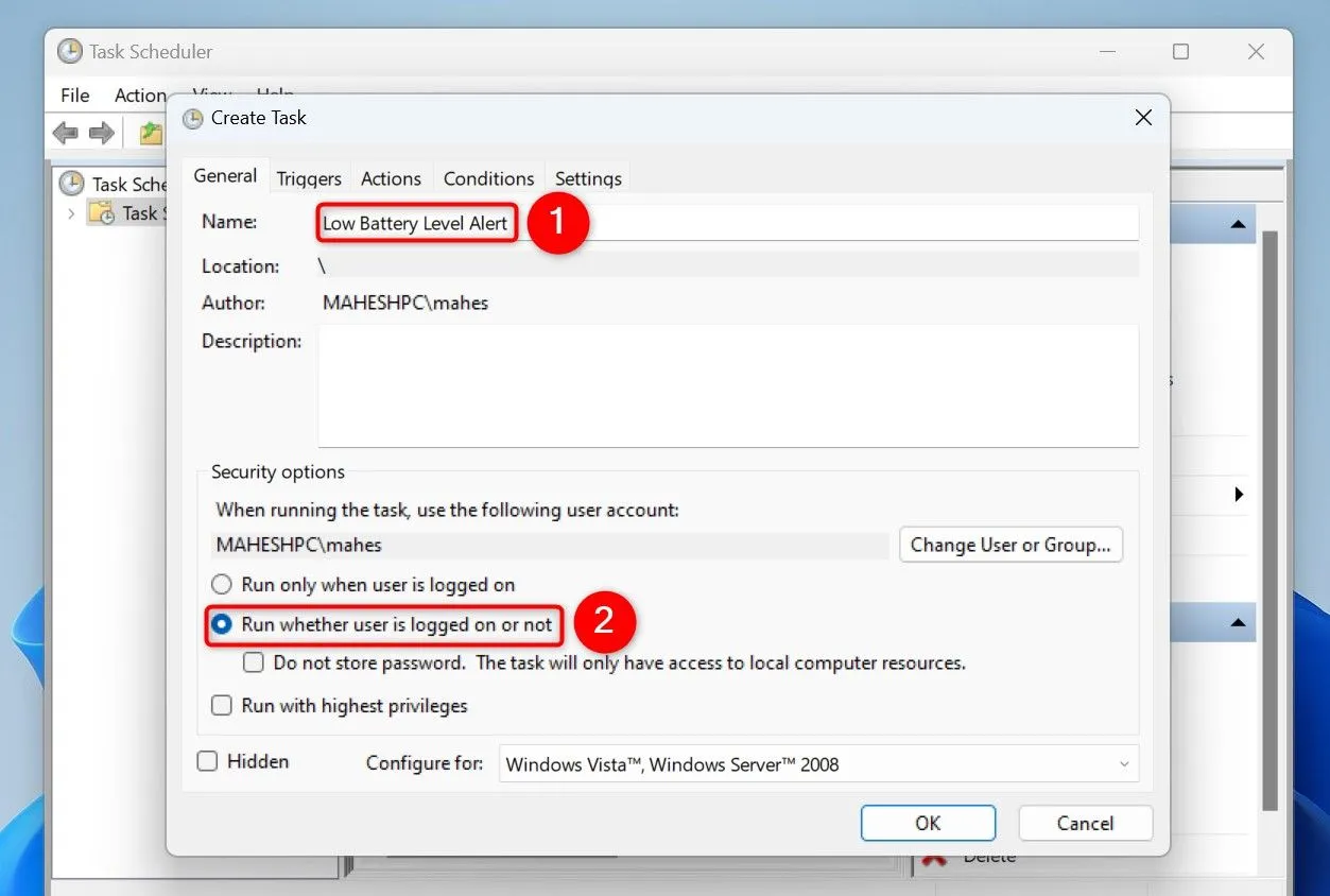 Cửa sổ tạo tác vụ mới trong Task Scheduler để thiết lập cảnh báo pin tùy chỉnh