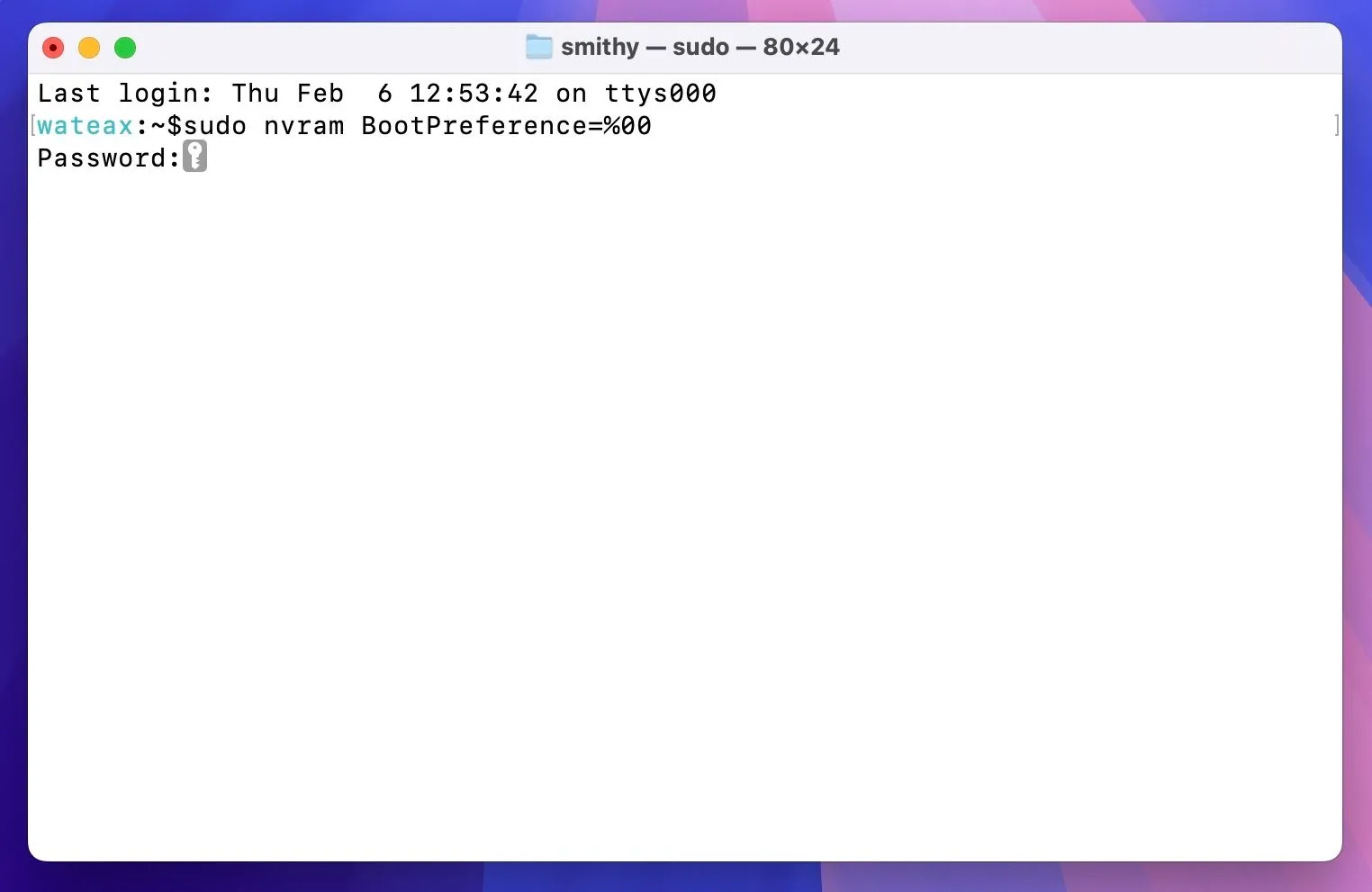 Cửa sổ Terminal macOS yêu cầu mật khẩu quản trị để thực thi lệnh