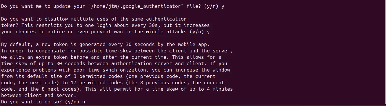 Cửa sổ terminal Ubuntu hiển thị các câu hỏi cấu hình Google Authenticator trong quá trình thiết lập.
