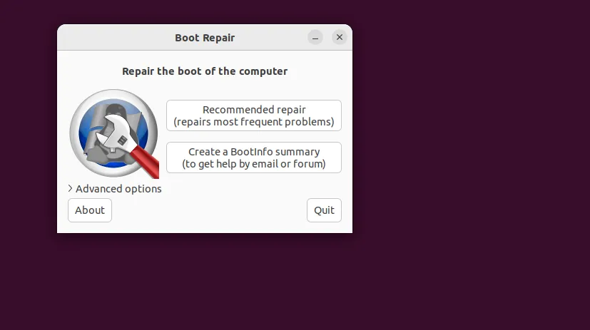 Cửa sổ tiện ích Boot-Repair trên Ubuntu với các tùy chọn &quot;Recommended repair&quot; và &quot;BootInfo summary&quot; giúp khắc phục lỗi khởi động.