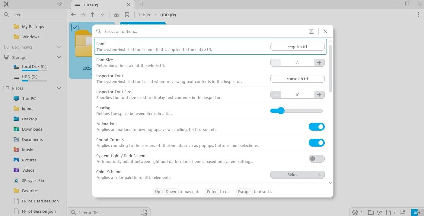 Cửa sổ tùy chọn (Options) của ứng dụng File Pilot.