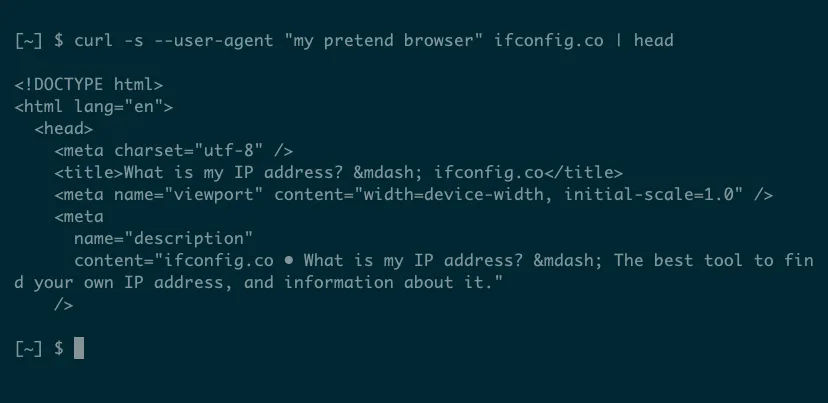 curl với user agent tùy chỉnh hiển thị mã HTML từ ifconfig.co