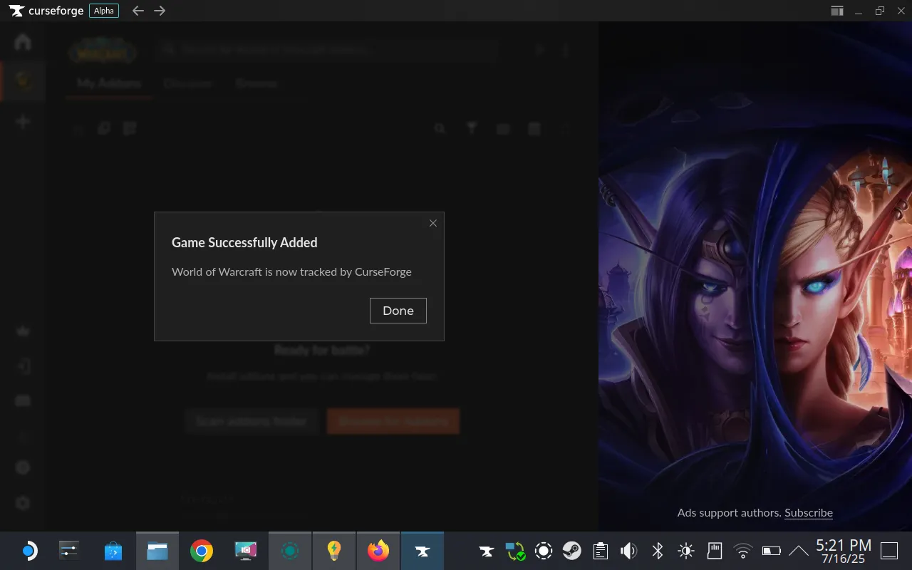 CurseForge xác nhận đã theo dõi thành công thư mục World of Warcraft trên Steam Deck