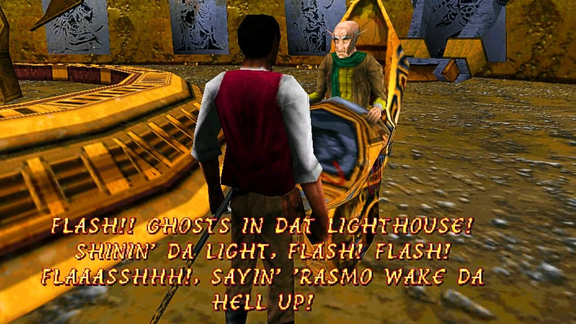 Cyrus, nhân vật chính của The Elder Scrolls Adventures Redguard, trò chuyện với người đàn ông lạ ngồi xe lăn, thể hiện sự tương tác cốt truyện độc đáo trong game Redguard.