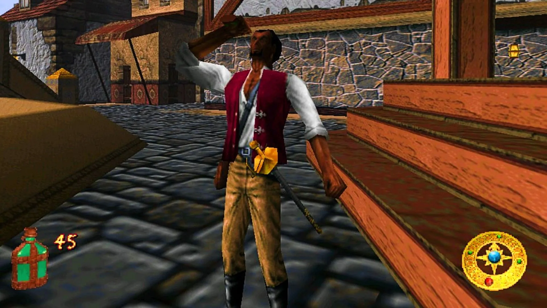 Cyrus sử dụng thuốc hồi phục trên đường phố trong The Elder Scrolls Adventures Redguard, minh họa lối chơi phiêu lưu hành động và các yếu tố RPG của tựa game Bethesda kinh điển.