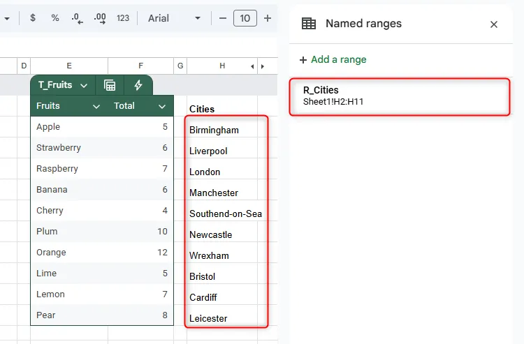 Dải ô chứa danh sách các thành phố được đặt tên là &quot;R_Cities&quot; trong Google Sheets.