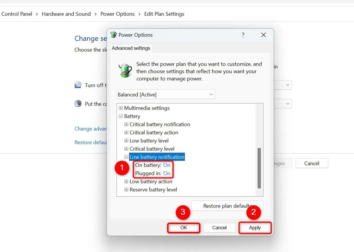 Đảm bảo tính năng thông báo pin yếu đã được bật trong cài đặt năng lượng của Windows 11