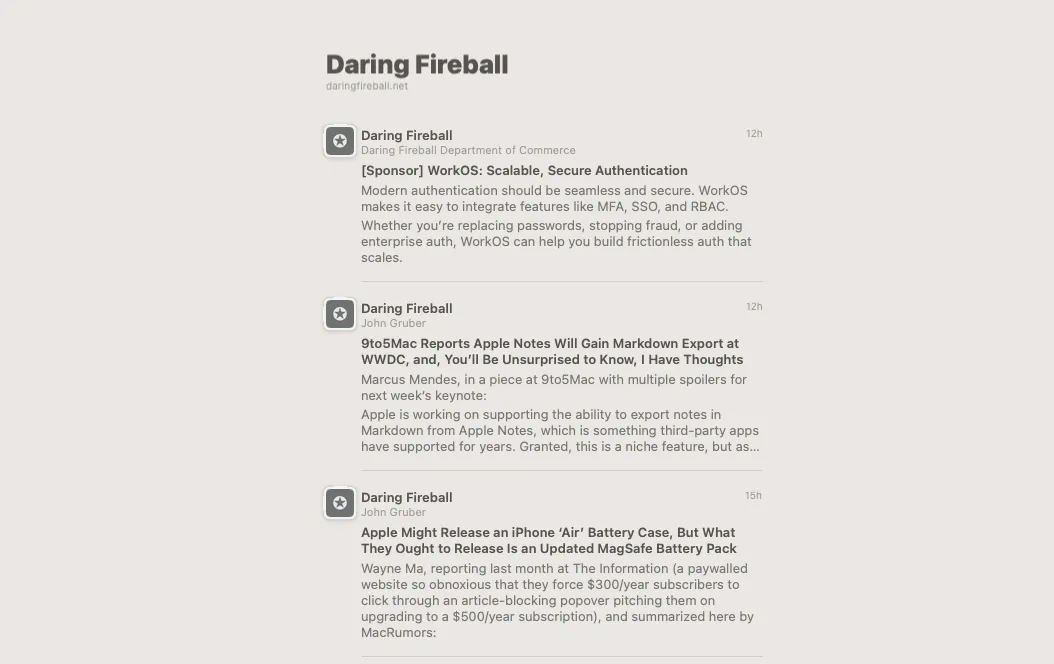 Danh sách các bài viết từ trang web Daring Fireball, mỗi bài có tiêu đề, mô tả và ngày xuất bản, hiển thị trong giao diện ứng dụng đọc RSS.