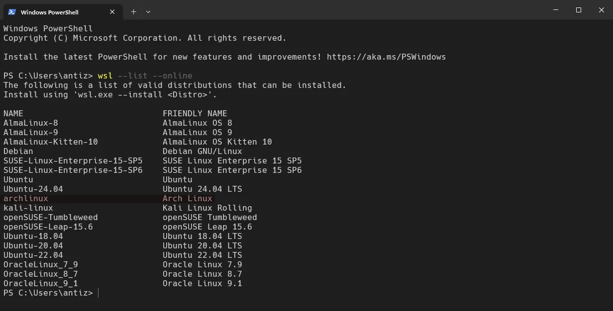 Danh sách các bản phân phối Linux trên WSL, với Arch Linux được đánh dấu