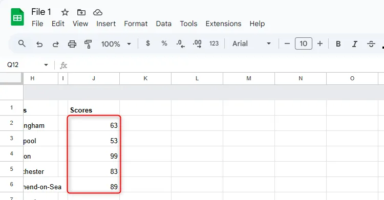Danh sách các điểm số từ J2 đến J6 trong tệp Google Sheets nguồn để tính tổng.