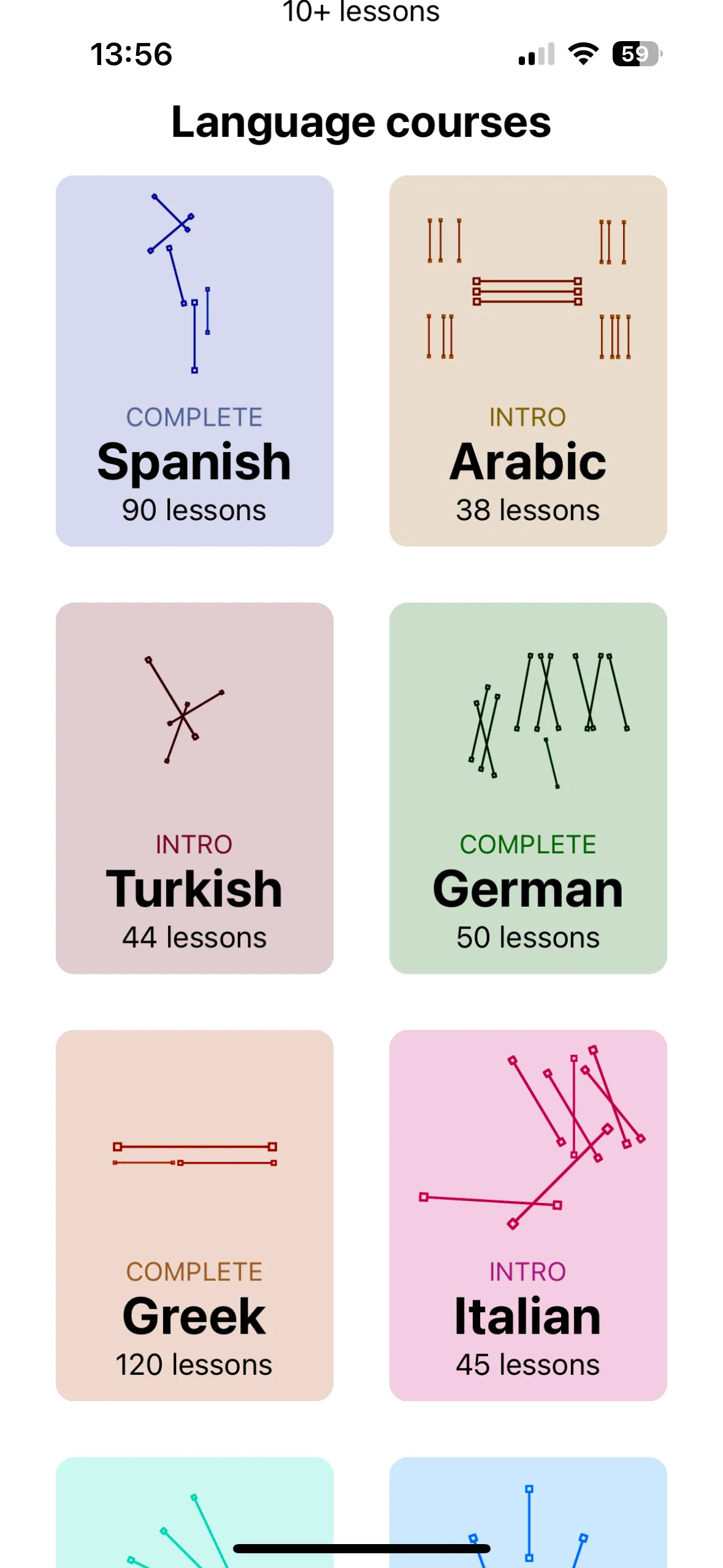 Danh sách các khóa học ngôn ngữ có sẵn trong ứng dụng Language Transfer trên iPhone.