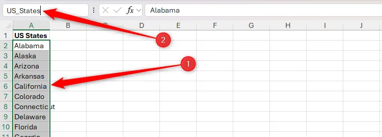 Danh sách các tiểu bang Hoa Kỳ trong Excel, vùng chứa danh sách được đặt tên &quot;US_States&quot; trong Name Box
