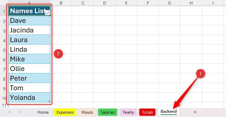 Danh sách tên được sắp xếp theo thứ tự bảng chữ cái trong một bảng (table) trên Backend worksheet, dùng làm nguồn dữ liệu cho kiểm soát nhập liệu.