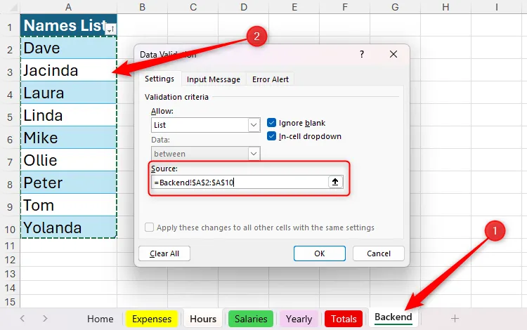 Danh sách tên trong bảng trên Backend worksheet được chọn làm nguồn (Source) cho quy tắc Data Validation, liên kết dữ liệu nền với danh sách thả xuống.