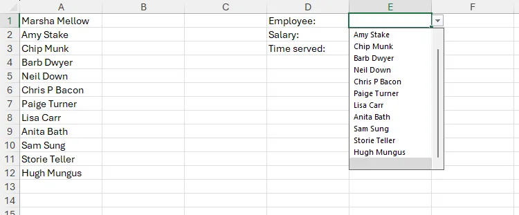 Danh sách thả xuống trong Excel hiển thị tên nhân viên, được tạo từ tính năng Data Validation và tên vùng