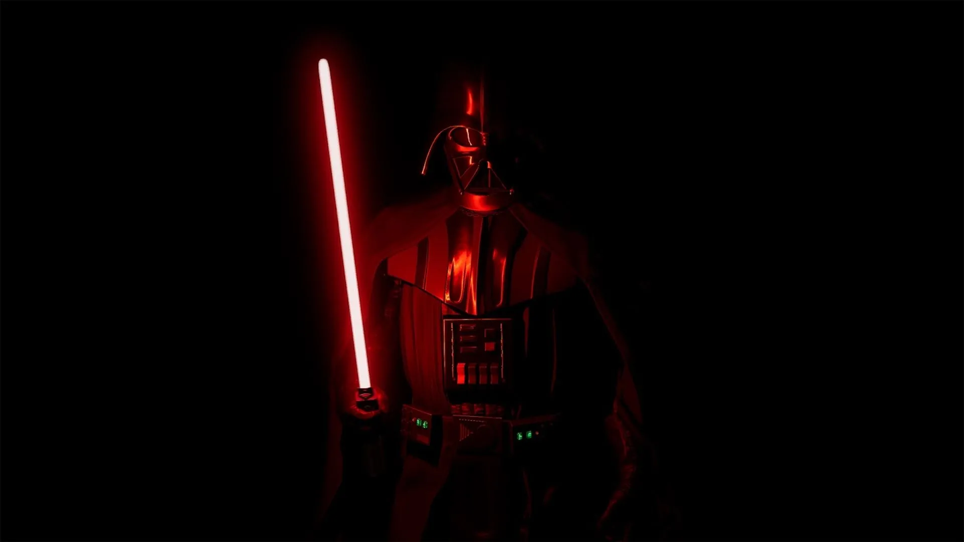 Darth Vader đứng trong bóng tối được chiếu sáng bởi thanh lightsaber đỏ rực trong game VR Vader Immortal.