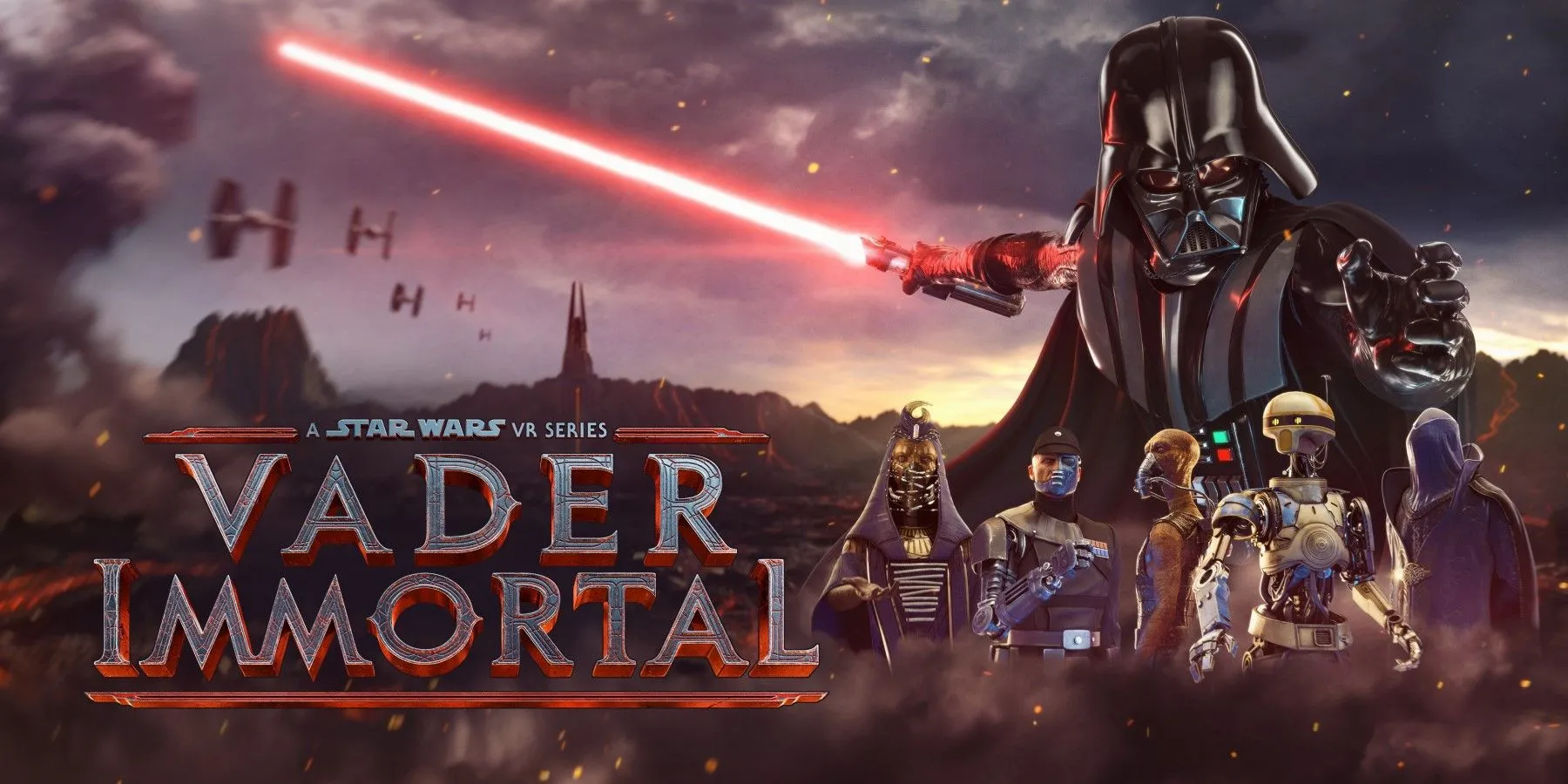 Darth Vader và các nhân vật chính của Vader Immortal tạo dáng hành động trên nền phong cảnh núi lửa.