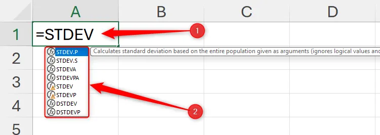 Dấu bằng và STDEV được nhập vào ô A1 trong một bảng Excel, và các hàm độ lệch chuẩn khác nhau được hiển thị trong một danh sách.