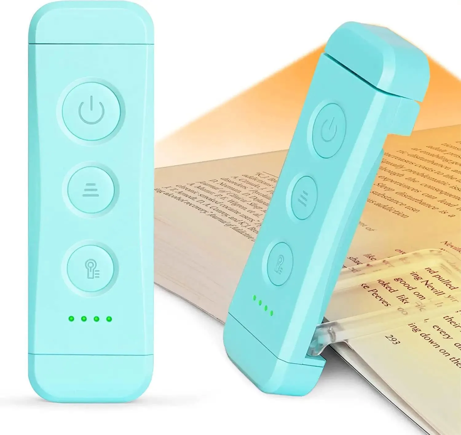 Đèn Glocusent Book Light kẹp trên trang sách đang mở, phát sáng
