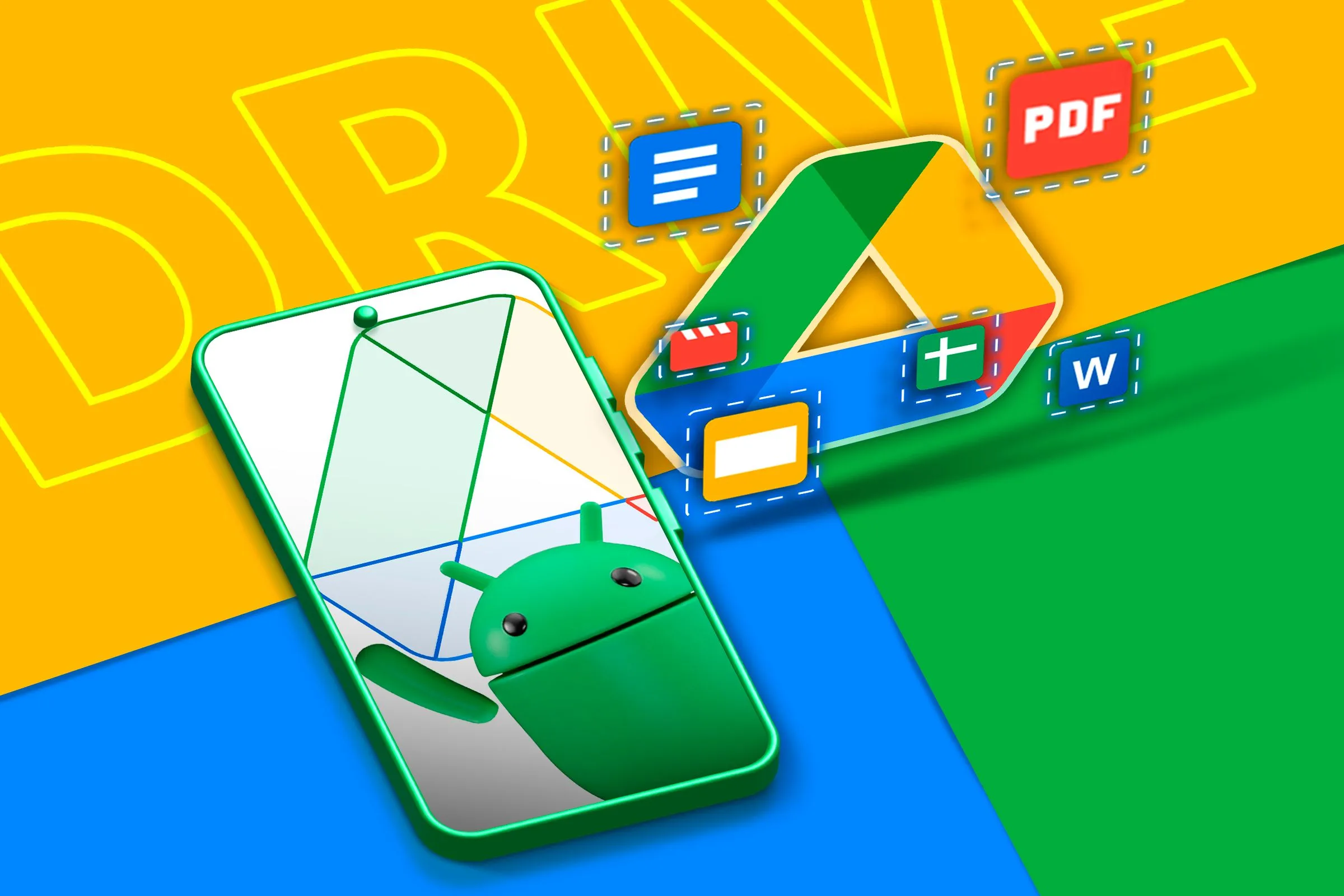 Điện thoại Android hiển thị logo Google Drive và các biểu tượng tính năng AI