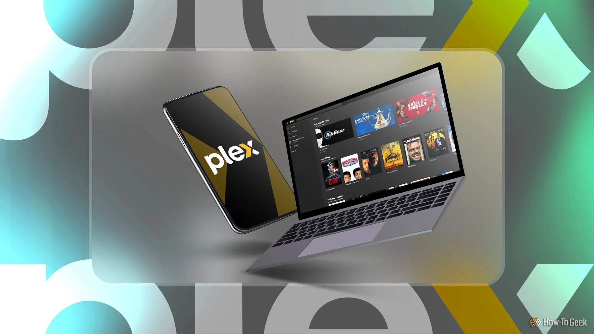 Điện thoại hiển thị logo Plex và laptop chạy Plex, minh họa các dịch vụ giải trí có thể chạy trong homelab bằng Docker.
