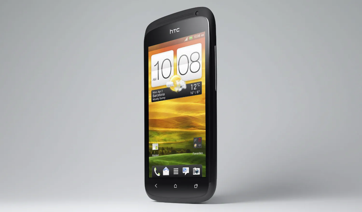 Điện thoại HTC One S màu xám đặt trên bề mặt phẳng, thể hiện thiết kế mỏng của nó