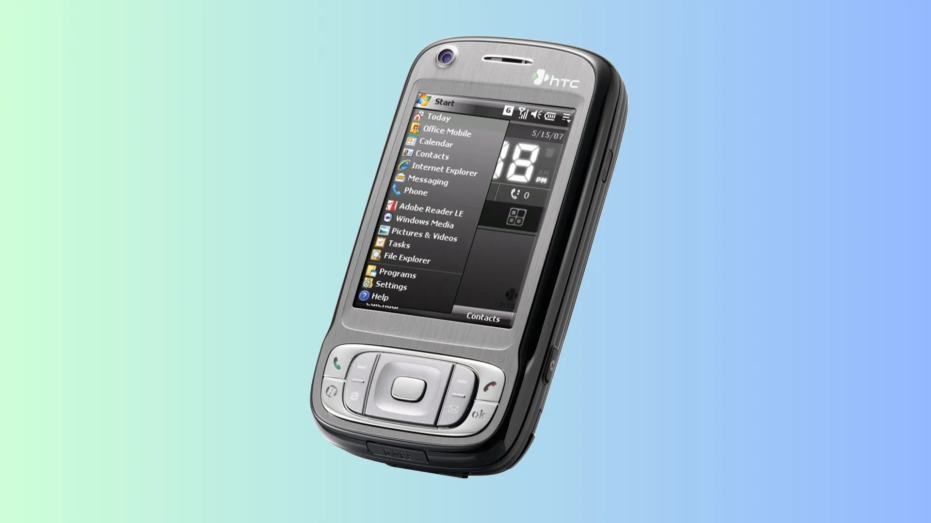 Điện thoại HTC TyTN II trên nền xanh lam và xanh ngọc.