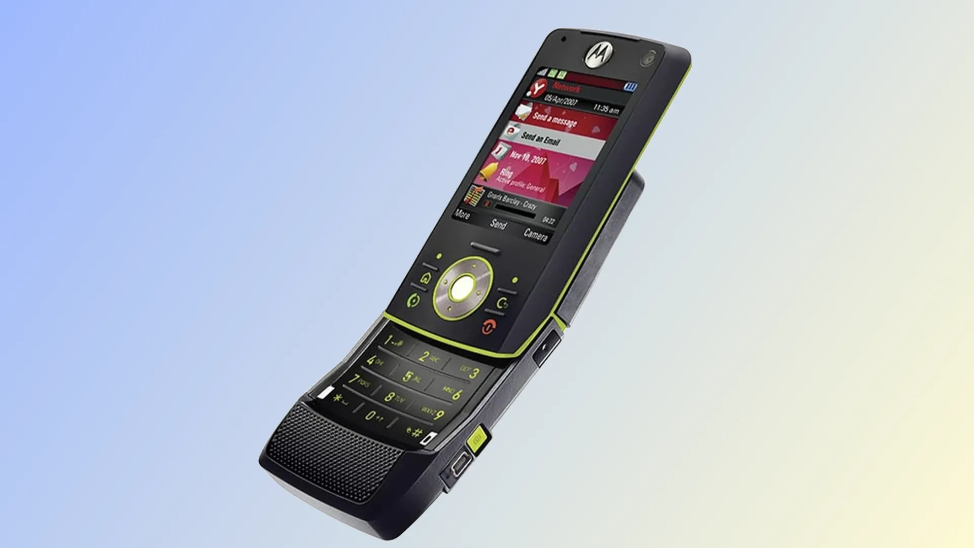 Điện thoại Motorola Rizr Z8 trên nền màu xanh lam.