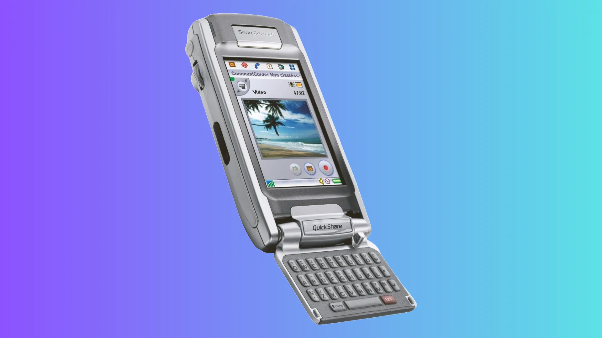 Điện thoại thông minh Sony Ericsson P910 trên nền màu tím và xanh lam.