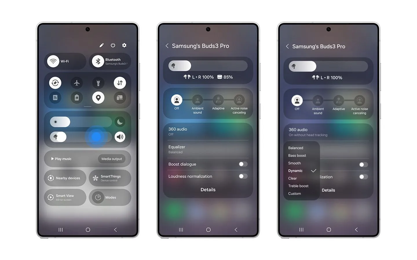Điều khiển Galaxy Buds 3 trong bảng cài đặt nhanh One UI 7 của Samsung