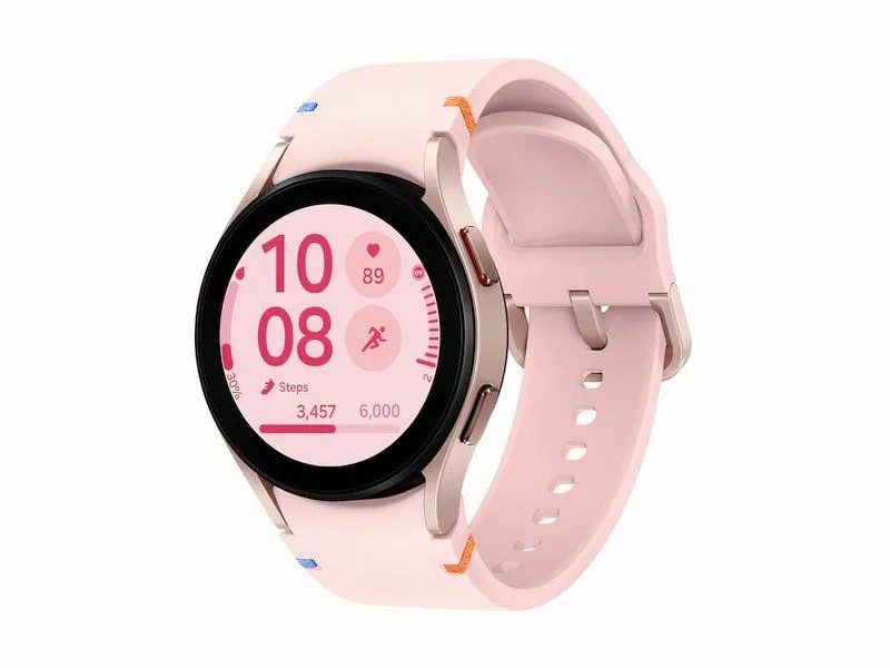 Đồng hồ Samsung Galaxy Watch FE màu vàng hồng (Pink Gold) trên nền trắng, thể hiện thiết kế tinh tế và màn hình sáng rõ
