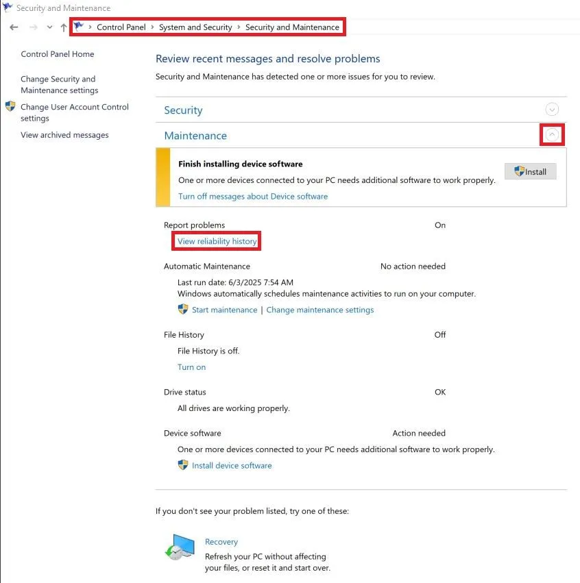 Đường dẫn truy cập Windows Reliability Monitor qua Control Panel trên Windows 11