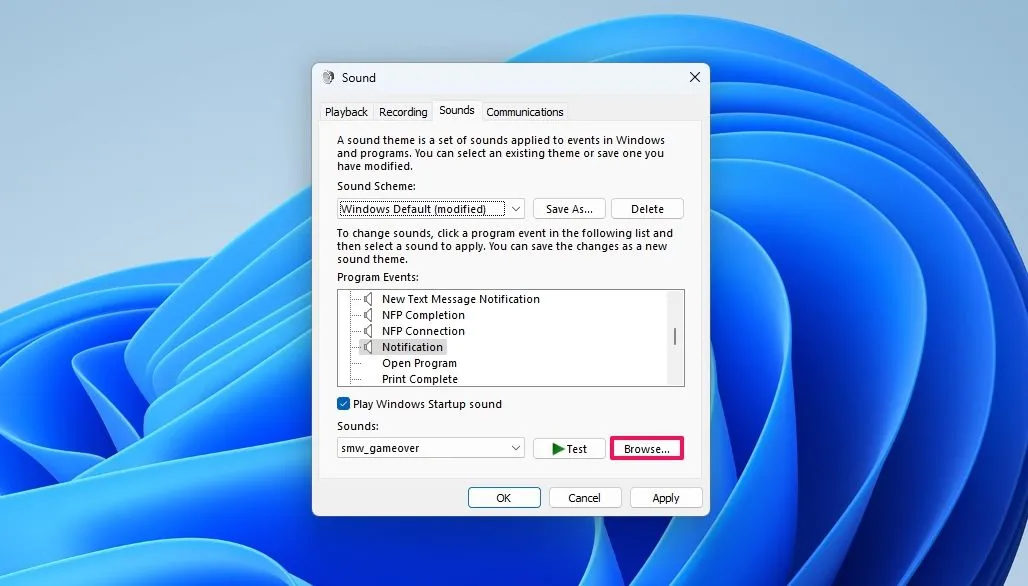 Duyệt tìm tệp âm thanh để dùng làm âm báo tùy chỉnh cho hành động trên Windows.